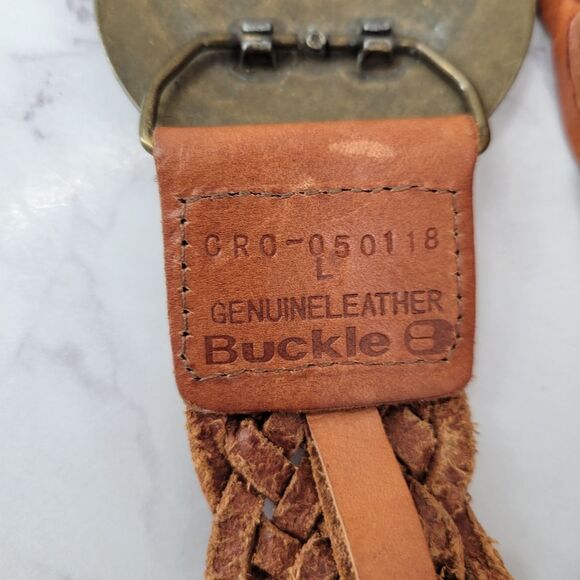 Buckle Braided Woven Tan Leather Belt with Decorative Brass Toned Buckle - Picture 8 of 14